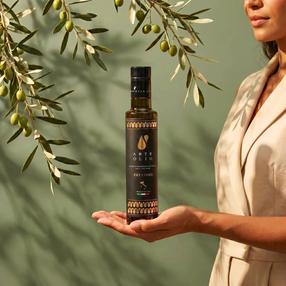 Woman holding Arte Olio Prezioso 100% Italian Extra Virgin Olive Oil 500ml bottle beneath fresh olive tree branches