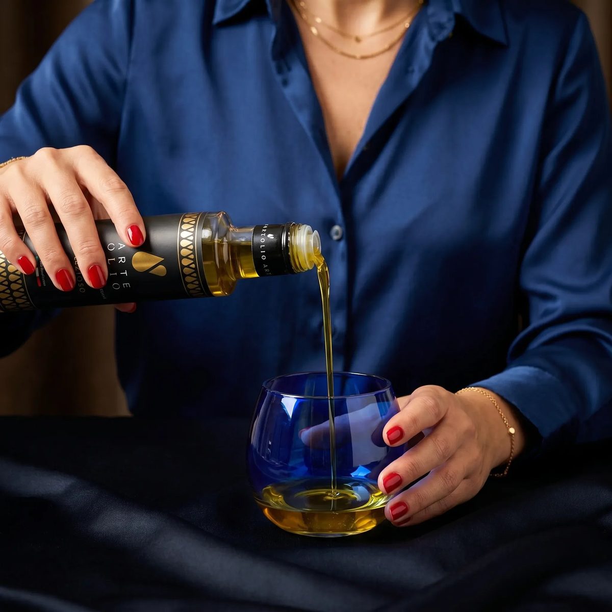 ArteOlio Prezioso extra virgin olive oil being poured into a blue glass bowl — Italian luxury lifestyle
