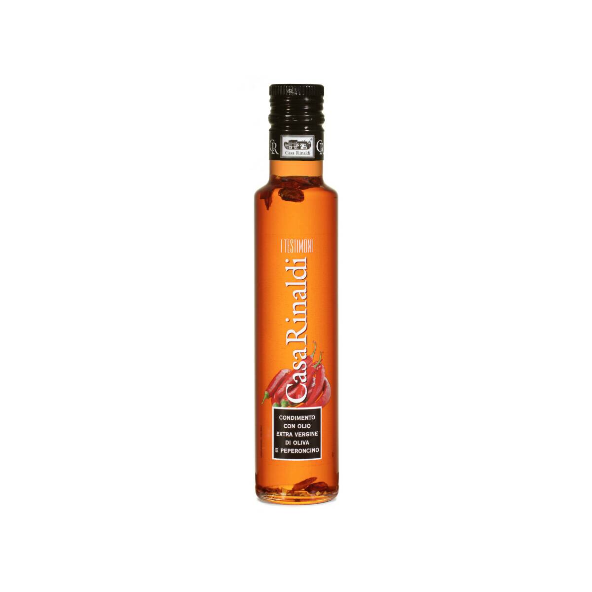 Casa Rinaldi I Testimoni Chili Flavored Extra Virgin Olive Oil 250ml bottle with real chili peppers visible inside, on white background
