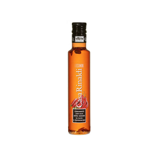 Casa Rinaldi I Testimoni Chili Flavored Extra Virgin Olive Oil 250ml bottle with real chili peppers visible inside, on white background