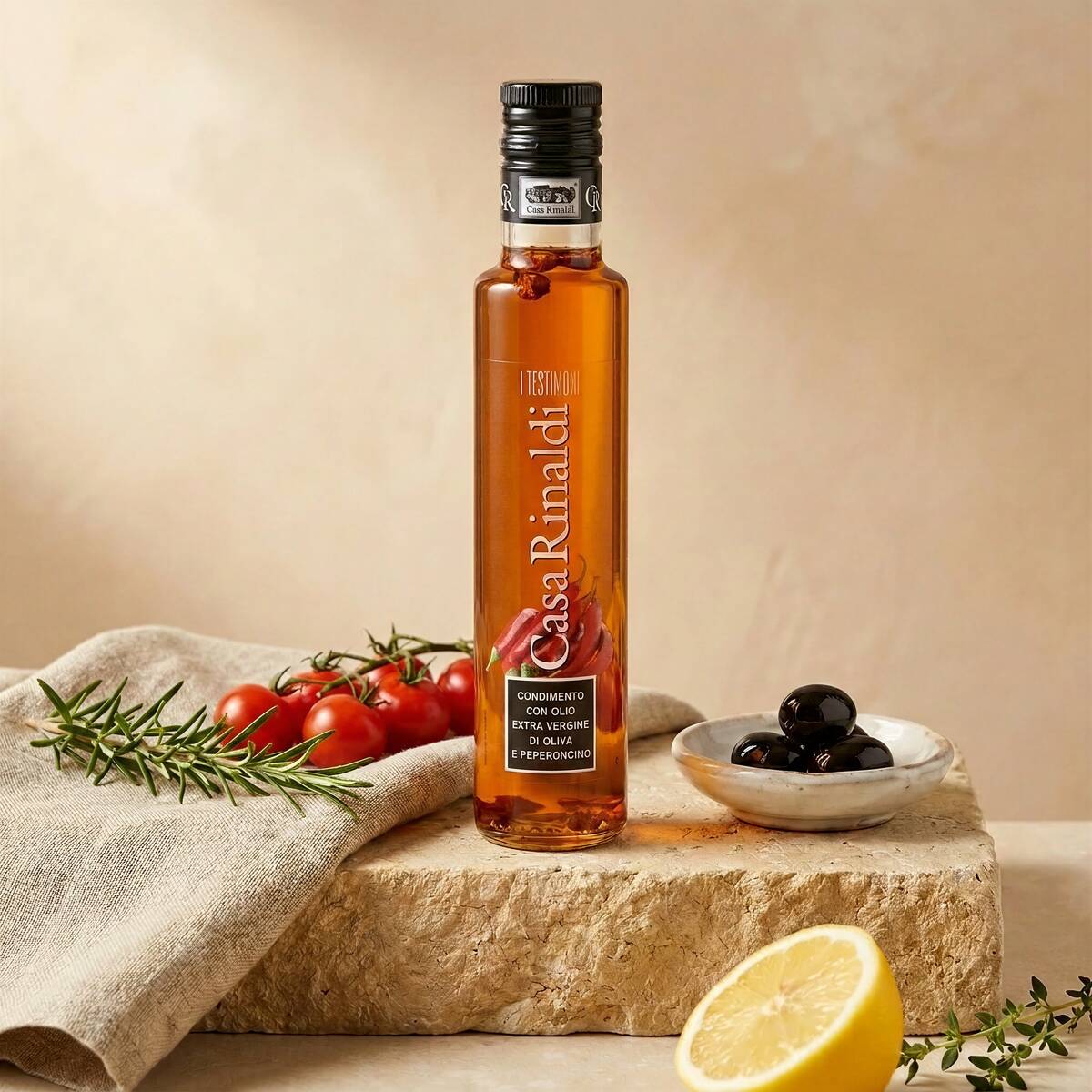 Casa Rinaldi I Testimoni Chili Flavored Extra Virgin Olive Oil 250ml bottle on a stone surface with cherry tomatoes, olives, rosemary, and lemon
